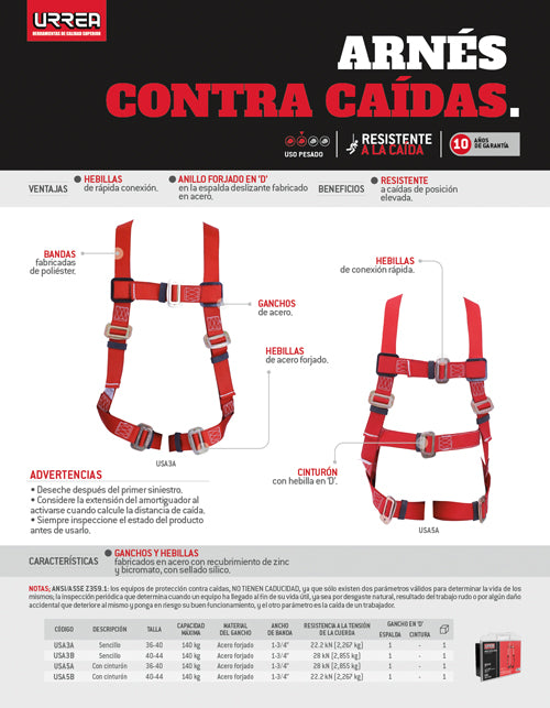 Arnés de seguridad contra caídas sencillo, talla 40-44 Urrea
