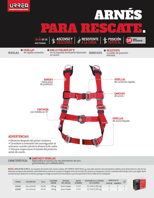 Arnés de seguridad de rescate con cinturón, talla 36-40 Urrea