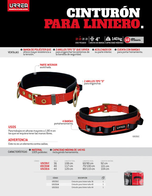 Cinturón para liniero con bandas para portar herramientas, talla 44 Urrea