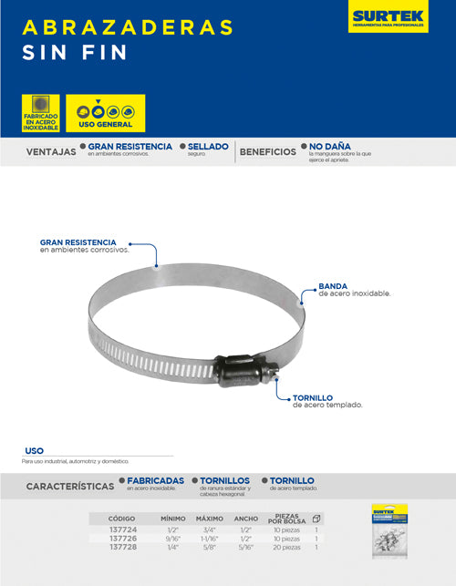 Abrazadera mini sin fin de acero inoxidable de 1/4" a 5/8" Surtek