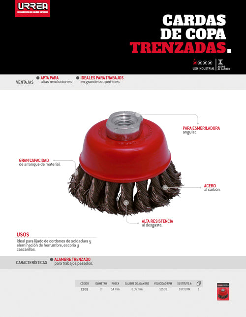 Carda copa trenzada alambre delgado 3" x 0.35 mm con rosca M14 Urrea