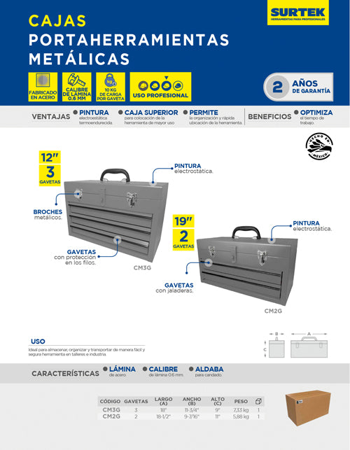 Caja portaherramientas metálica color gris con 2 gavetas 18" x 9" x 11" Surtek