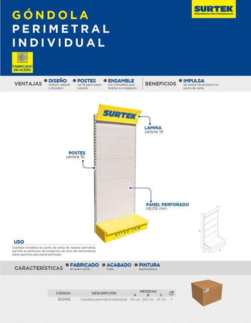 Góndola perimetral panel metálico 220 x 93 x 47 cm Surtek