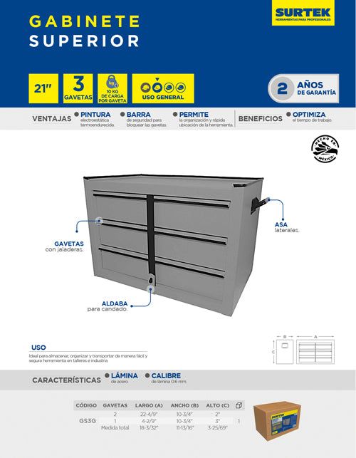 Gabinete superior color gris 3 gavetas 21" Surtek