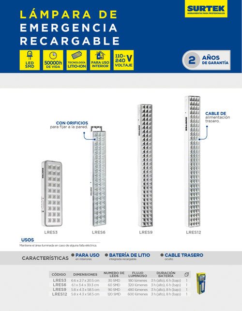 Lámpara de LED para emergencia recargable de 480 lm Surtek