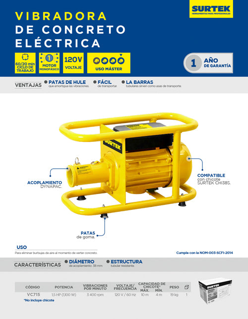 Vibradora de concreto eléctrica 1.5 HP Surtek