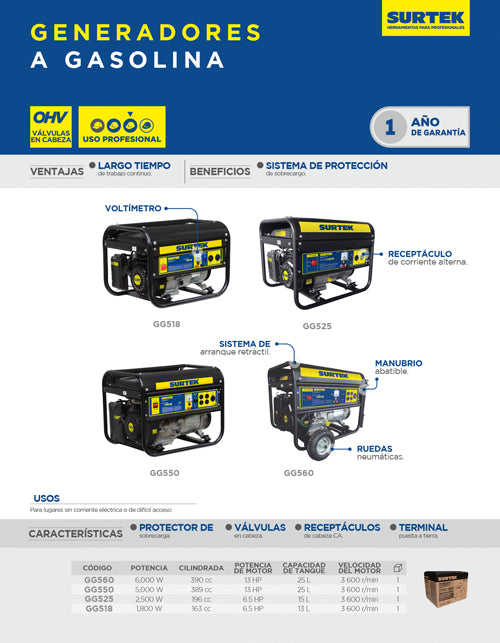 Generador a gasolina 1800 W, 163 cc, voltaje de salida 120 V Surtek
