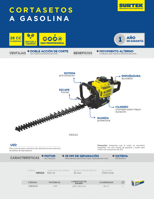 Cortasetos a gasolina 26 cc Surtek