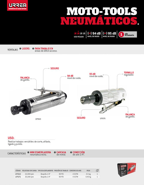 Moto-tool neumático recto 1/4" 25,000RPM Urrea