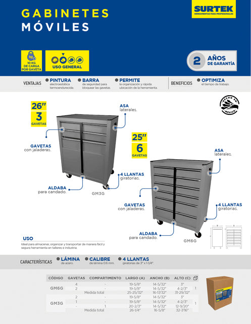 Gabinete móvil con 3 gavetas color gris 26" Surtek