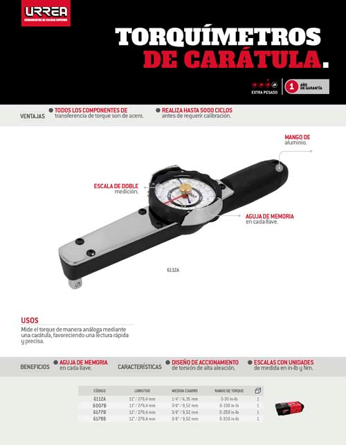 Torquímetro de carátula cuadro de 1/4", 0-30 in-lb Urrea
