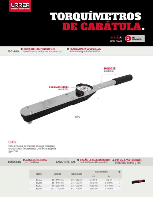 Torquímetro de carátula cuadro de 1/2", 0-250 ft-lb Urrea
