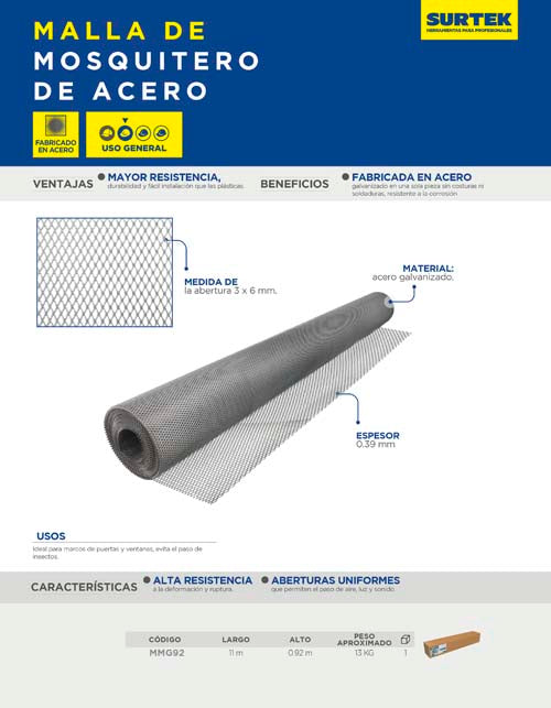 Malla para mosquitero de acero galvanizado 0.92 x 11 m Surtek