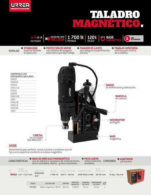 Taladro magnético 1/2" 1700 W,110/220 V, 100-810 RPM Urrea