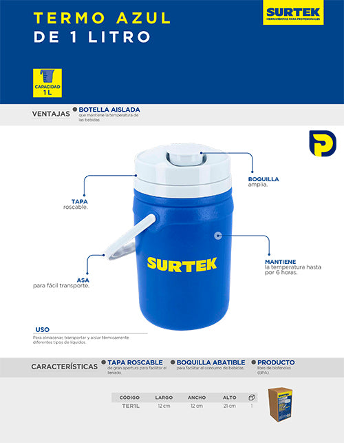 Termo 1 litro, 12 cm x 21 cm Surtek