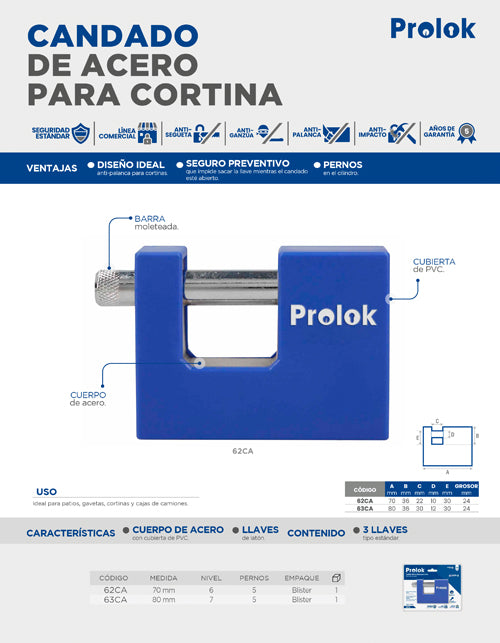 Candado de acero con cubierta plástica de PVC 70 mm, llave estándar Prolok