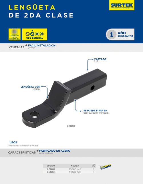 Lengüeta para remolque 2" clase III caída 2" Surtek