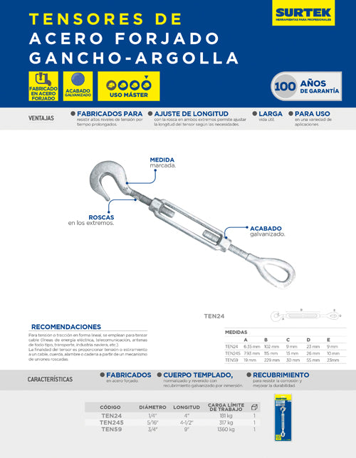 Tensor de acero forjado gancho - argolla 5/16" x 4-1/2" Surtek