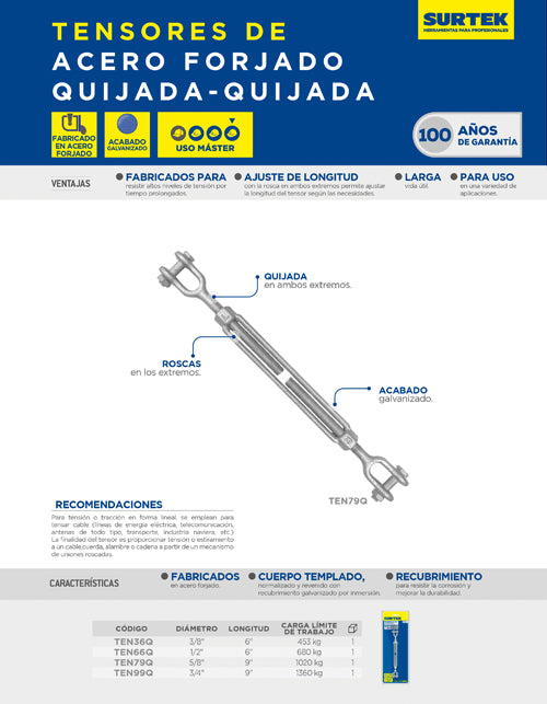 Tensor de acero forjado quijada - quijada 1/2" x 6" Surtek