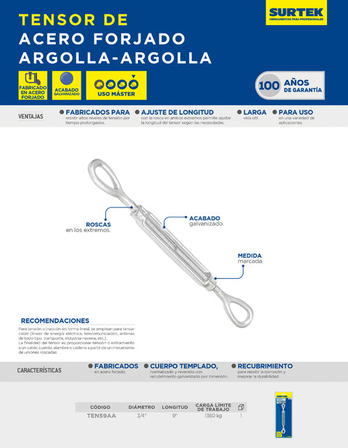 Tensor de acero forjado argolla - argolla 3/4" x 9" Surtek