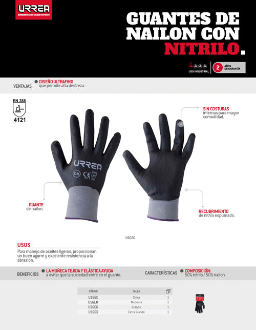 Guantes de nailon con recubrimiento de nitrilo espumoso EG Urrea