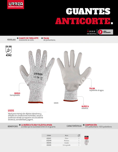 Guantes anti-corte con recubrimiento de poliuretano EG Urrea