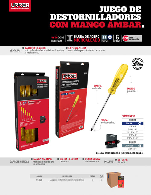 Juego de destornilladores con mango ámbar combinados, 6 pie zas en caja de cartón Urrea