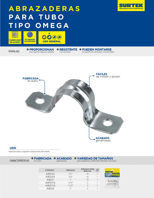 Abrazadera para tubo tipo omega 1/2", 10 piezas Surtek