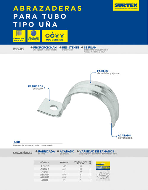 Abrazadera para tubo tipo uña 1-1/2", 5 piezas Surtek