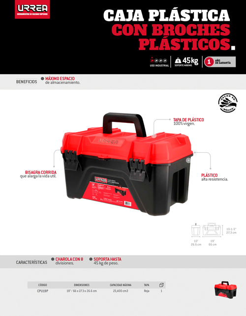 Caja portahta plástic con broches plásticos y charola ngo tapa rja 19"x10" Urrea