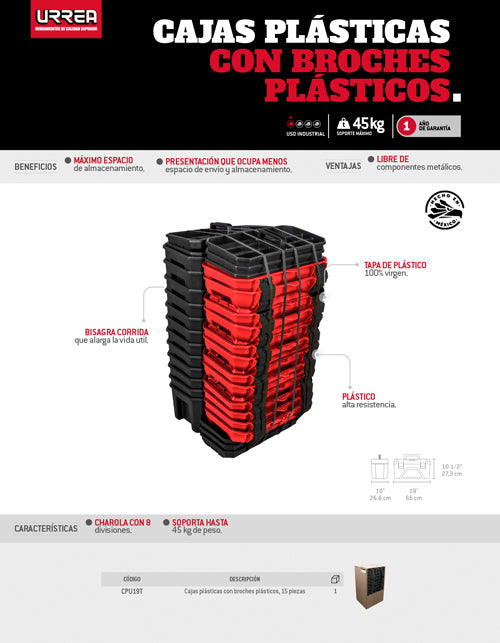 Juego de cajas portahta plástic con broches plásticos y charola ngo tapa rja 19"x10",15 pz Urrea