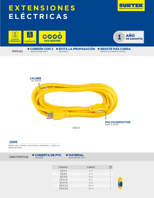 Extensión eléctrica uso extra rudo aterrizada color amarillo, 20 m Surtek