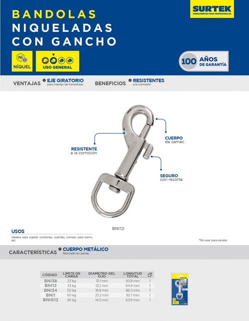 Bandola niquelada con gancho 3/4" Surtek