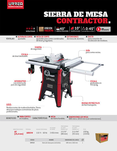 Sierra de mesa contractor 10" 1800 W, 120 V Urrea