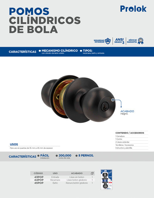 Pomo cilíndrico bola función entrada, acero negro, llave estándar Prolok