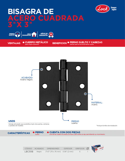 Bisagra cuadrada perno suelto de acero negro 3" x 3" Lock