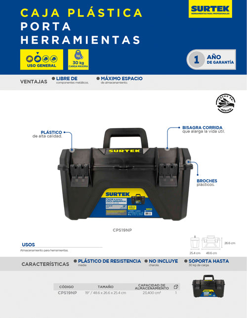 Caja portaherramientas plásticas con broches plásticos negro19" x 10" Surtek