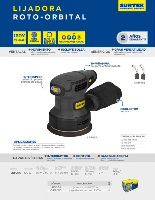 Lijadora roto orbital 5" 320 W 120 V, 13000 RPM Surtek