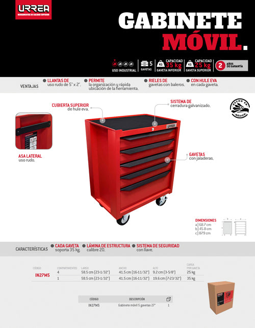 Gabinete móvil con 5 gavetas color rojo y negro 27" serie IN Urrea