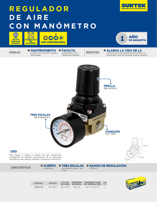 Regulador de aire con manómetro 150PSI Surtek