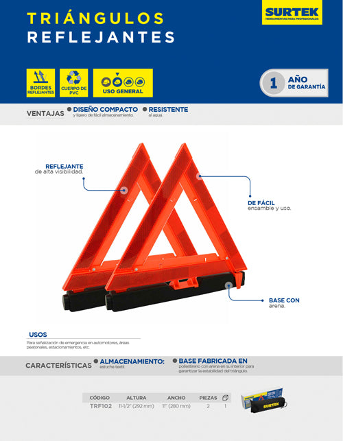 Triangulo reflejante de emergencia con base con arena, 11-1/2", 2 piezas Surtek