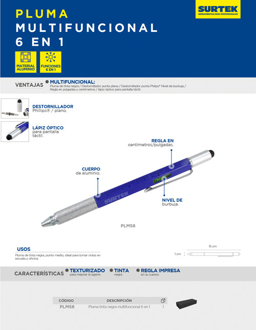 Pluma de tinta negra multifunción 6 en 1 Surtek