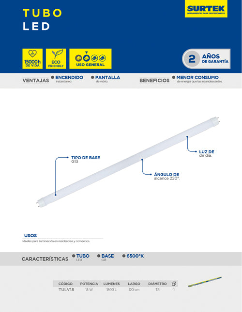 Tubo de LED base G13 pantalla de vidrio 120 cm, 18 W Surtek