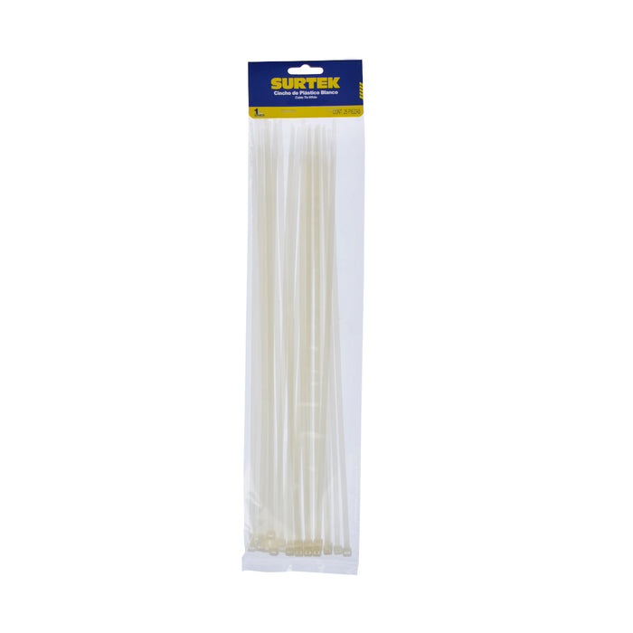 Cinchos plásticos 368 x 4.6 mm, tensión 22 kg de 25 piezas, color blanco Surtek
