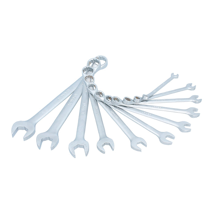 Juego de llaves combinadas satinadas en pulgadas, 12 puntas, 11 piezas en rack Urrea