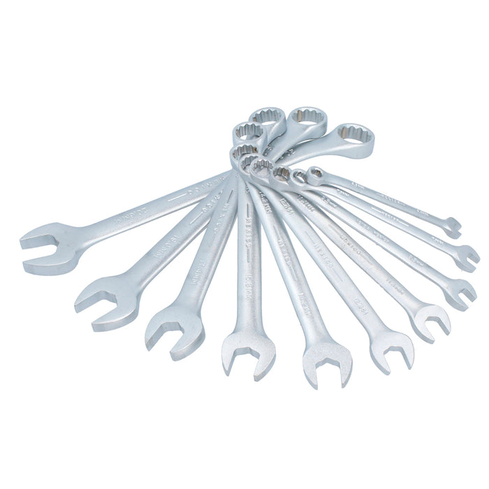 Juego de llaves combinadas satinadas métricas, 12 puntas, 11 piezas en rack Urrea