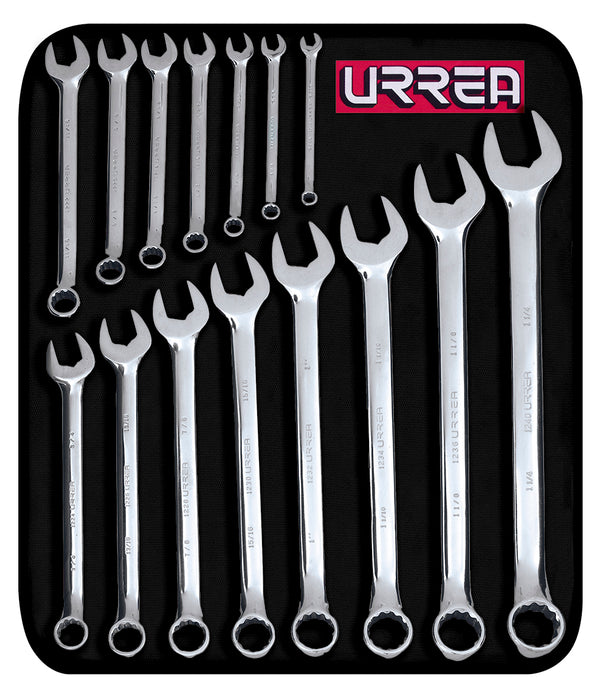 Juego de llaves combinadas pulido espejo en pulgadas, 12 puntas, 15 pz en estuche Urrea