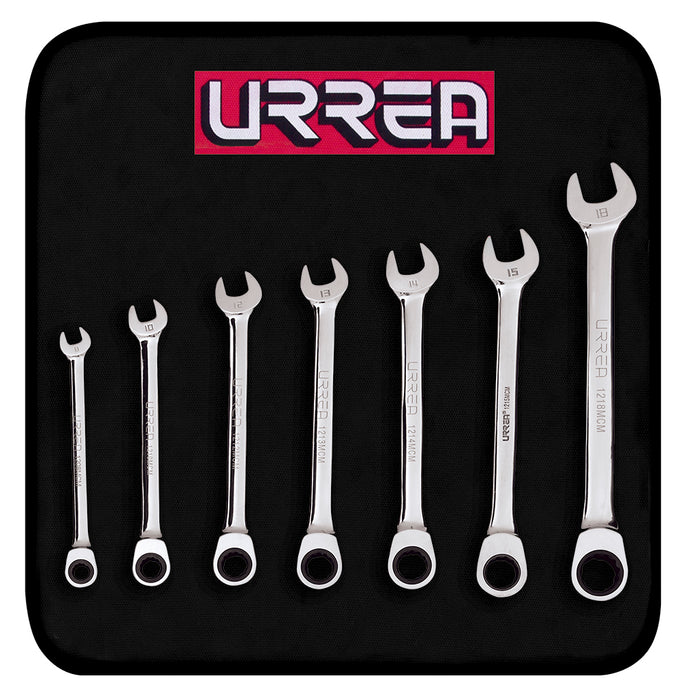 Juego de llaves combinadas pulido espejo de matraca mét, 12 puntas, 7 piezas en estuche Urrea
