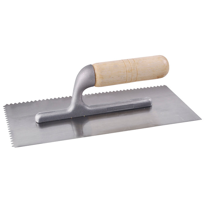 Llana dentada triangular de acero al alto carbón con mango de madera 6 remaches,  11" x 5" Surtek