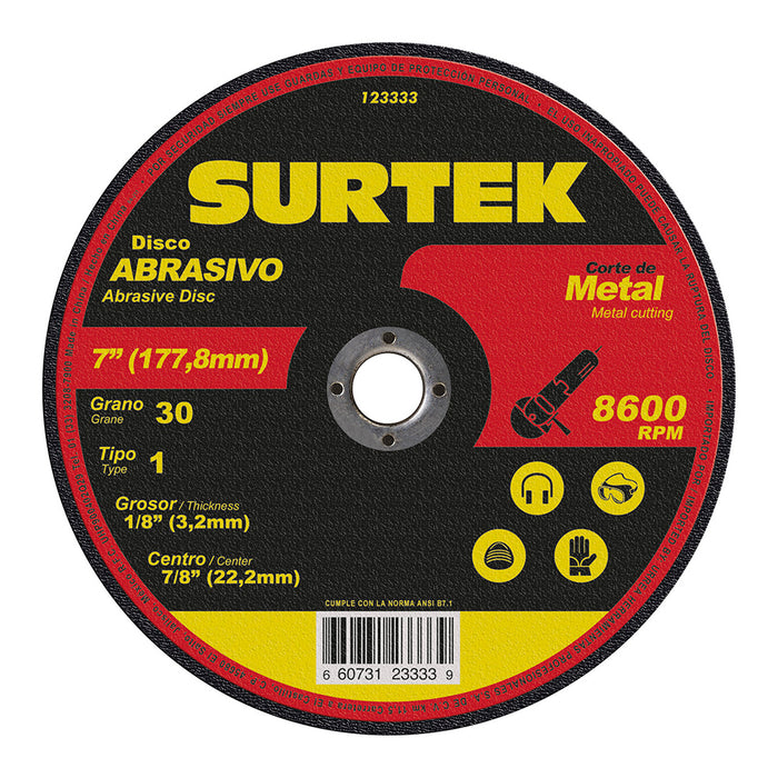 Disco abrasivo tipo 1 para metal 7" x 1/8" Surtek